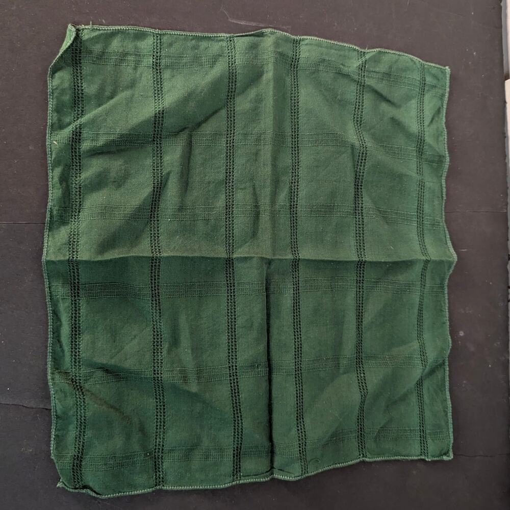 Vintage Solid Forest Green Linen Handkerchief Striped Weave Pocket Square